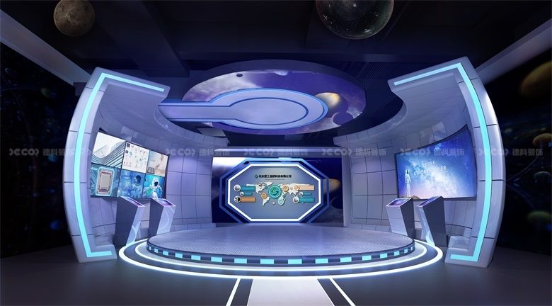 在企业展馆设计中，如何合理利用空间分隔和展示区域划分？